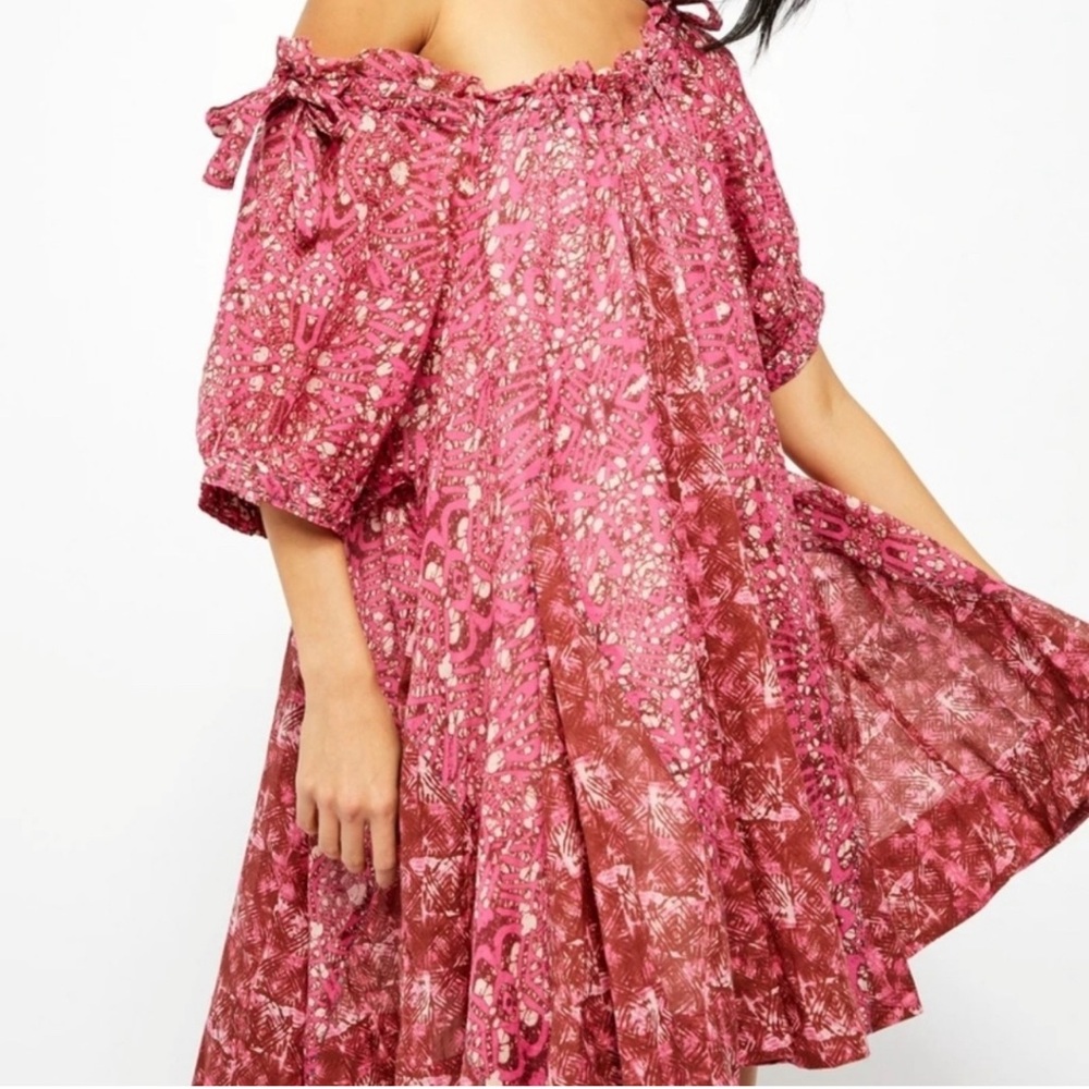 Free People Pink and Brown Off-Shoulder Mini Dress